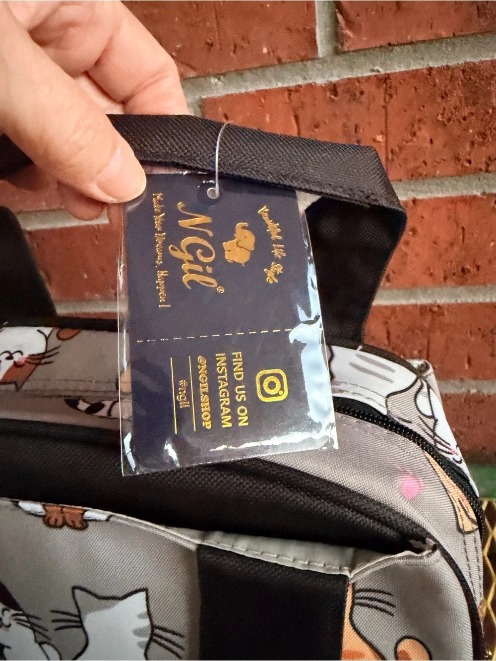Kids Beige Cat-Print Insulated Lunch Bag with Black Handles